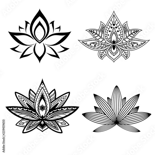 Vector illustration. Set of lotus flowers. Black isolated on white background. Ethnic oriental ornament
