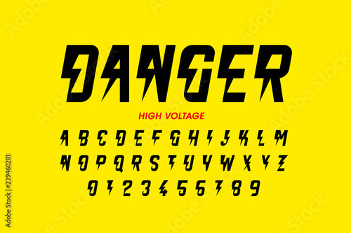 Danger! Hight voltage style font design, alphabet letters and numbers