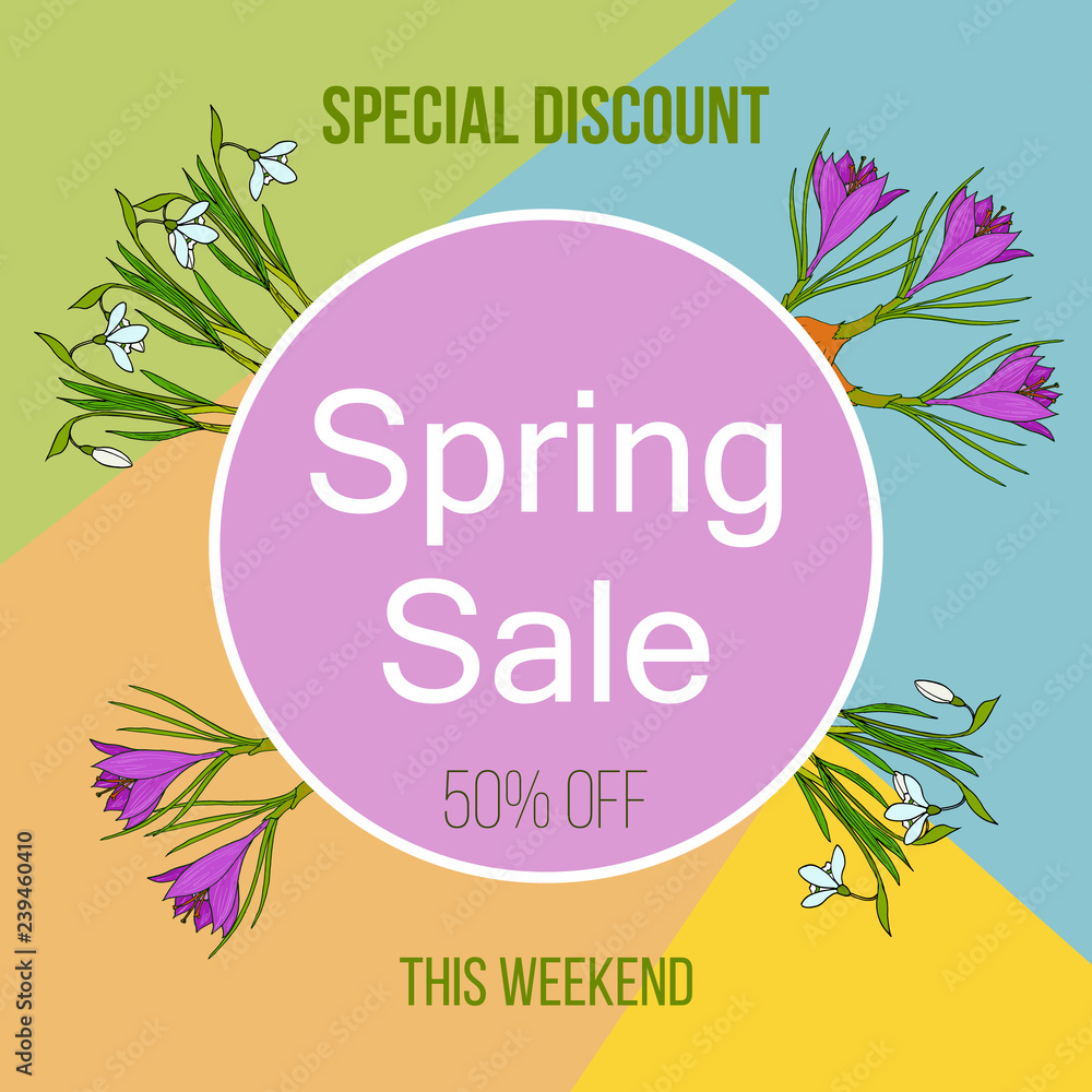 Spring sale poster with color flowers