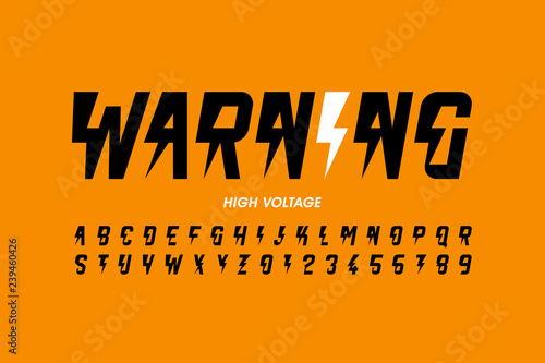 Warning! Hight voltage style font design, alphabet letters and numbers