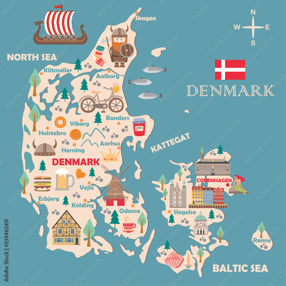 Fotografering, Billede Stylized map of Denmark på Europosters.dk
