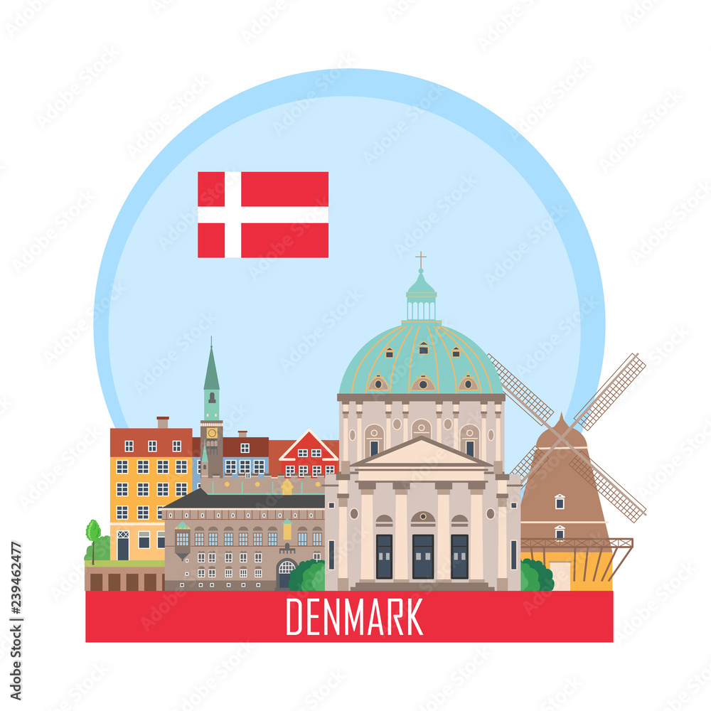Denmark Copenhagen background with national attractions