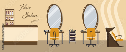 Hair salon interior in yellow color. Beauty salon. There are tables, chairs, a bath for washing the hair, mirrors, hair dryer, combs and shelves with hairdressing accessories in the picture. Vector