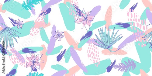 Trendy Fashion Seamless Pattern with Creative Leaves , Flowers and Hand Drawn Brush Strokes .Illustration for Surface , Invitation , Notebook, Banner , Wrap Paper ,Textiles