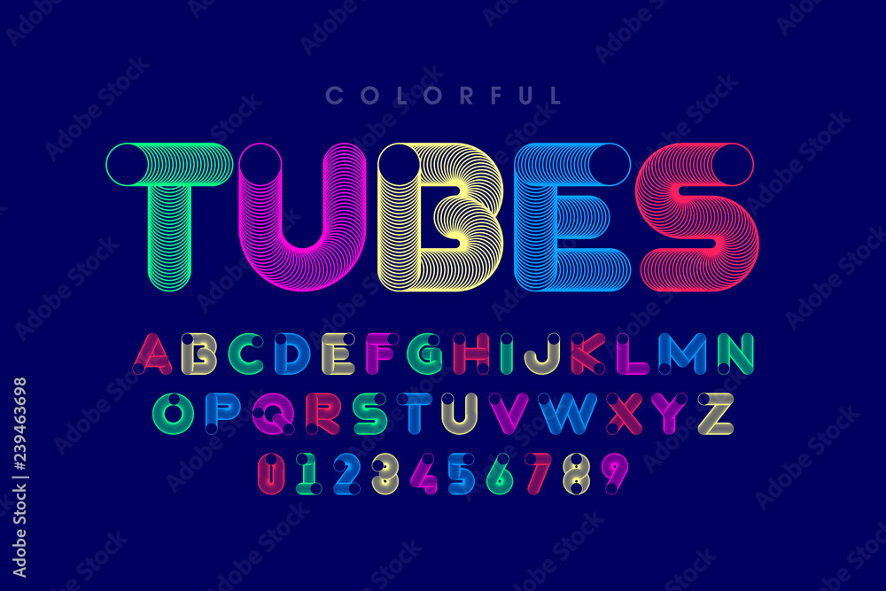 Colorful tubes font, alphabet letters and numbers