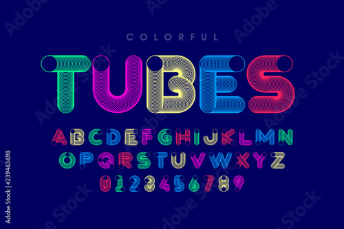 Colorful tubes font, alphabet letters and numbers