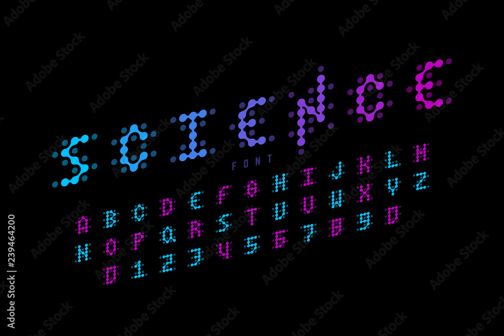 Science style font, alphabet letters and numbers
