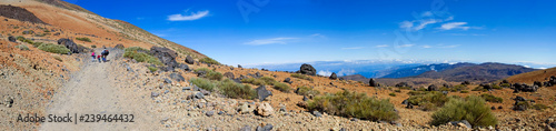 little tourists walk along the path to the volcano Teide and the eggs of Tenerife