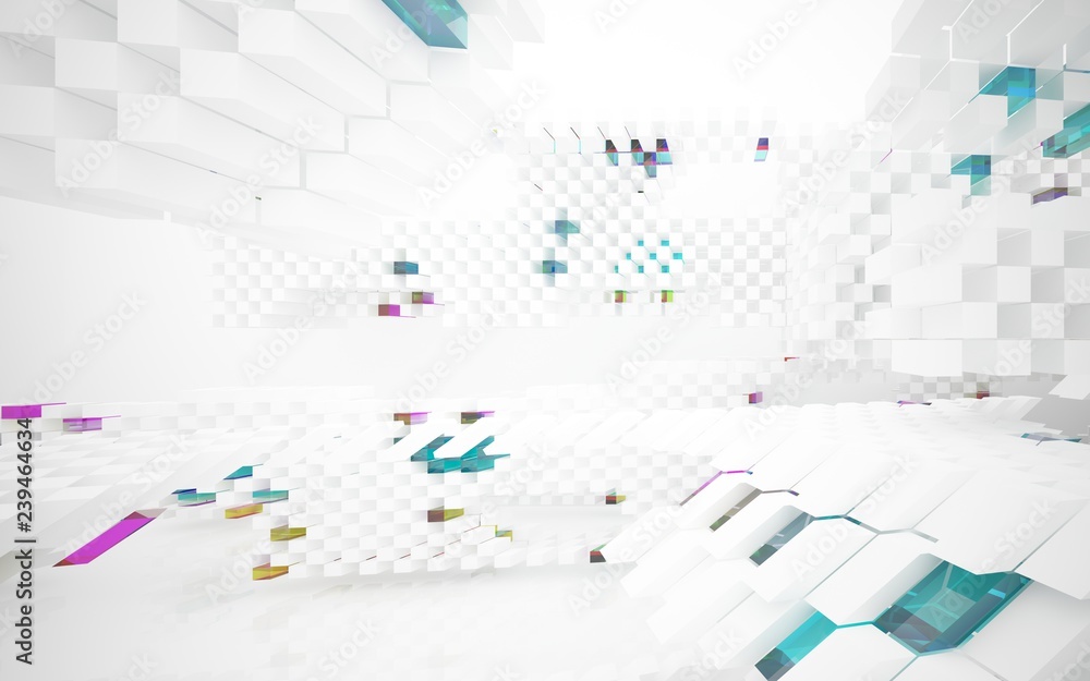 abstract architectural interior with white sculpture and geometric gradient glass box. 3D illustration and rendering