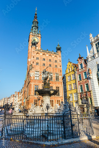 Fountain of the Neptune at sunny day. Old town of Gdansk, Poland