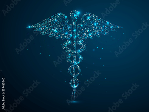 Caduceus health symbol. Low poly wireframe illustration style. Raster polygonal image in the form of a starry sky or space, consisting of points, lines, and shapes in the form of stars