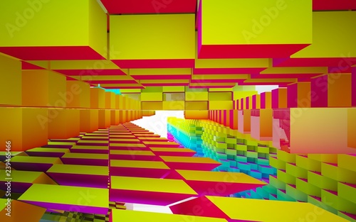 Fototapeta Naklejka Na Ścianę i Meble -  Abstract dynamic interior with gradient colored objects. 3D illustration and rendering