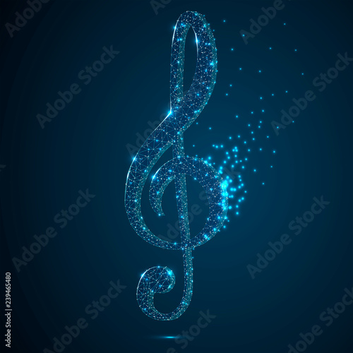 Treble clef raster polygonal art style. Low poly wireframe image with scattered particles and light effects on a dark blue background. Music poster banner template. Destructing triangles shapes