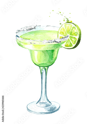 Glass of  Classics Margarita cocktail with lime and salt. Watercolor hand drawn illustration, isolated on white background photo
