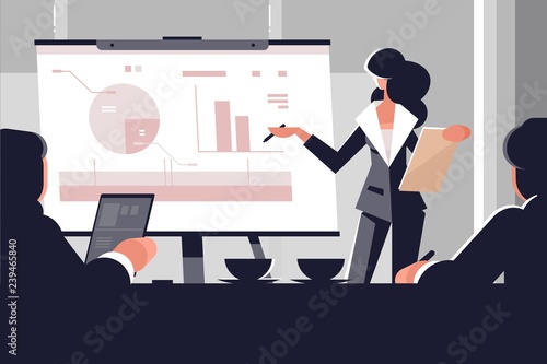 Young woman in business suit making presentation
