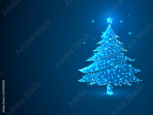 New year tree made from lines, triangles, point connecting network on blue background. Holiday wireframe concept. Low-poly Raster polygonal illustration