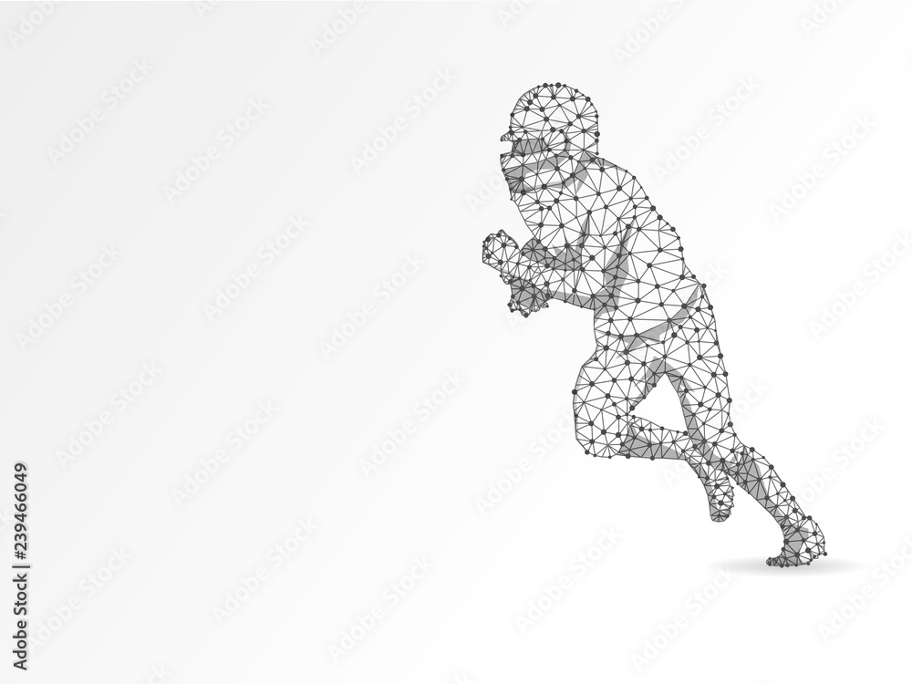 Running American football player with the ball, made from lines, triangles, point connecting network illustration on white background. 3d low-poly wireframe Raster polygonal image