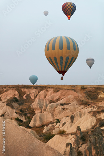 Hot Air Balloons In Sky. Colorful Flying Balloons In Nature 
