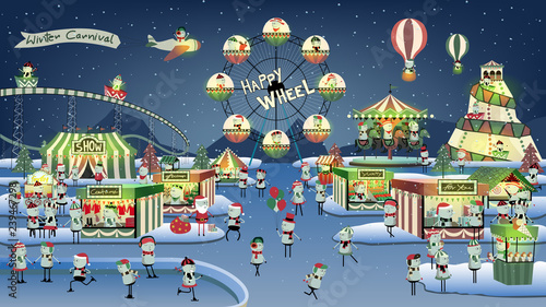 Cute winter carnival cartoon on night.