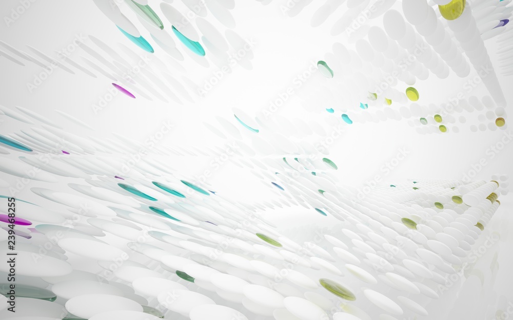 Fototapeta premium White smooth abstract architectural background whith colored gradient lines . 3D illustration and rendering