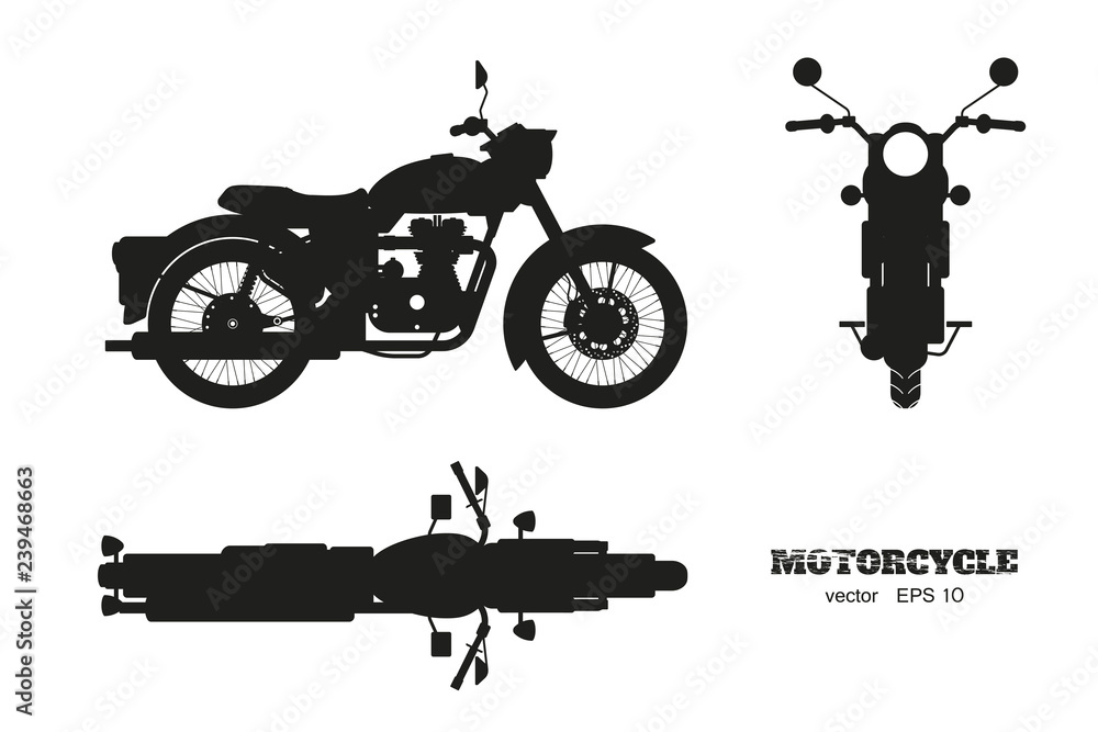 Fototapeta premium Czarna sylwetka retro klasyczny motocykl. Widok z boku, z góry i z przodu. Rysować rocznika motocykl na białym tle