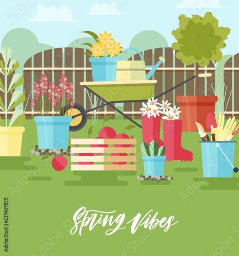 Colorful composition with tools and equipment for gardening, agriculture and agricultural work, plants cultivation, fruits gathered in crate and Spring Vibes lettering