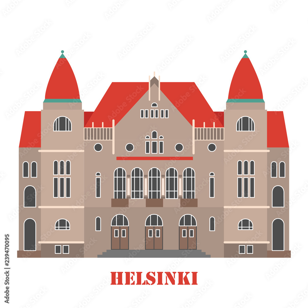 Finnish National Theatre in Helsinki, Finland. Landmark icon for travel agency. Vector illustration.