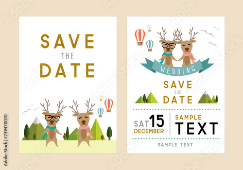 front and back wedding card minimal style, Couple deers with natural background and have copy text save the date. 