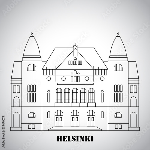 Finnish National Theatre in Helsinki, Finland. Landmark icon for travel agency. Vector illustration.