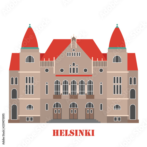 Finnish National Theatre in Helsinki, Finland. Landmark icon for travel agency. Vector illustration.