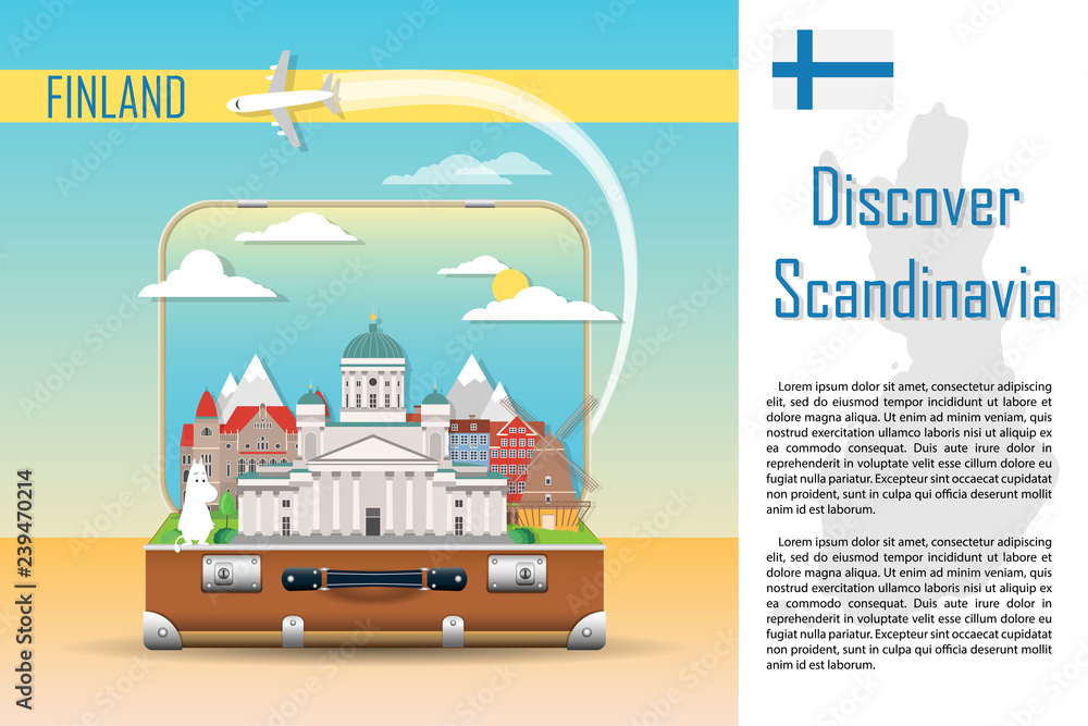 Fototapeta premium Travel background. Suitcase with landmarks of Finland. Web advertising banner. Infographic luggage with symbols. Vector illustration.