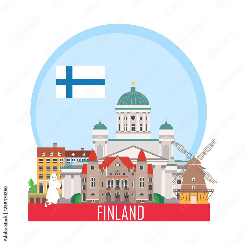 Travel background. Suitcase with landmarks of Finland. Web advertising banner. Infographic luggage with symbols. Vector illustration.