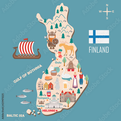 Stylized map of Finland. Travel illustration with danish landmarks, architecture, national flag, and other symbols in flat style. Vector illustration