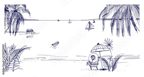 Hand drawn seaside landscape. Tropical resort with deck chair and umbrella, sand beach, exotic palm trees and sail boats floating in sea or ocean on horizon. Contour sketch vector illustration.