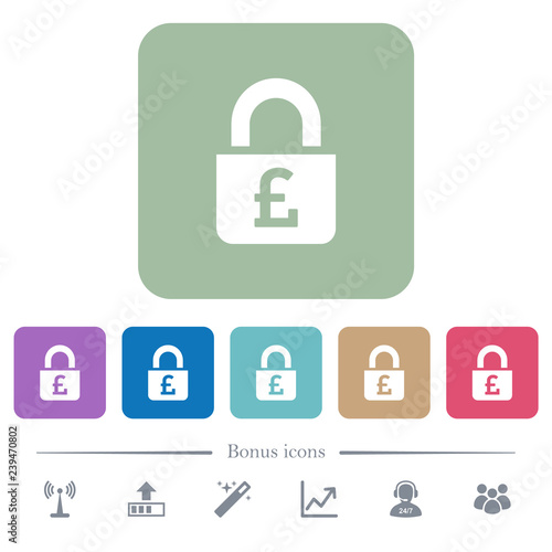 Locked Pounds flat icons on color rounded square backgrounds