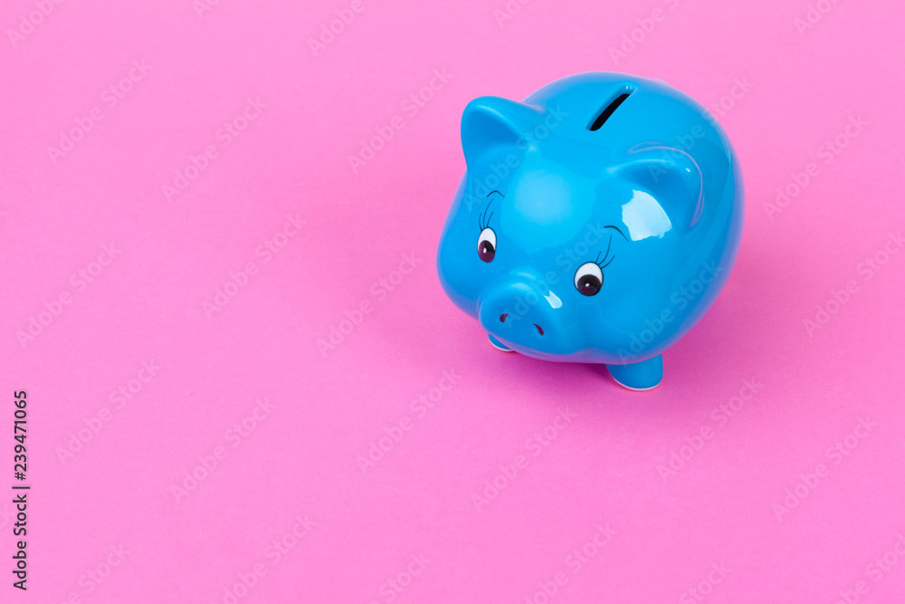 Blue piggy bank money box on bright colored background