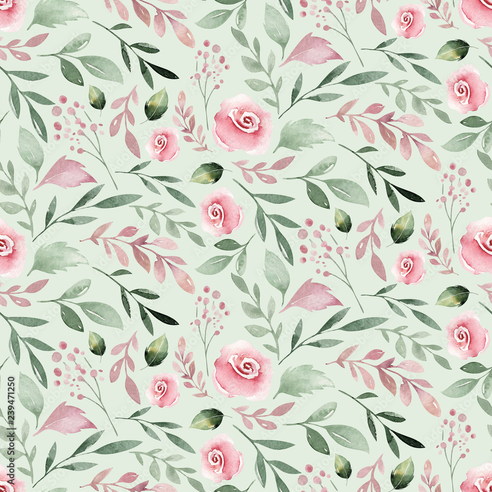 Watercolor Seamless Hand Illustrated Floral Pattern with Floral Leaf and  Pink Flowers. Watercolor Boho Spring Wallpaper Stock Illustration -  Illustration of watercolor, design: 136459348