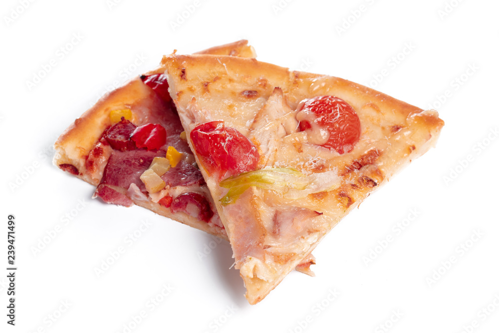 Slice of fresh pizza with pepperoni isolated on white background Slice of fresh pizza with pepperoni isolated on white background