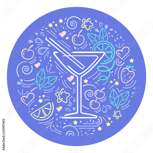 Vector card with cosmopolitan cocktail and decoration elements. Suitable for bar menu design, advertisign or textile print. Contour style vector illustration