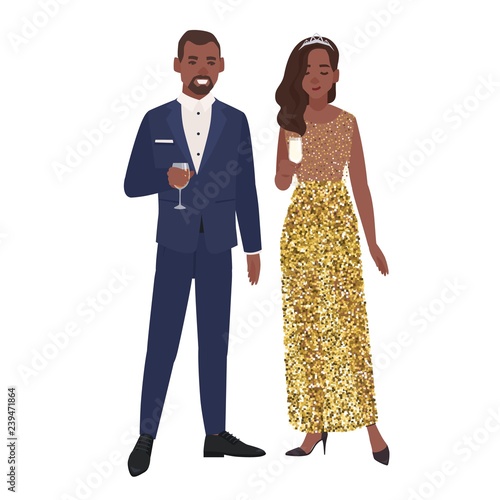 African American couple in posh elegant evening clothes drinking alcohol isolated on white background