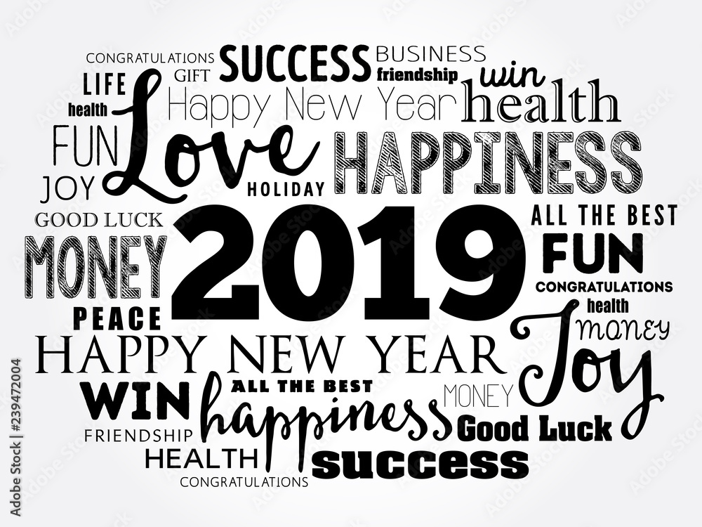 Fototapeta premium 2019 year greeting word cloud collage, Happy New Year celebration greeting card