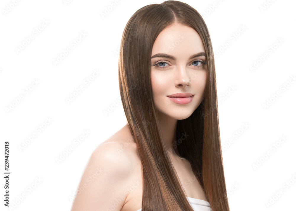 Beautiful hair smooth brunette woman beauty portrait healthy skin and haistyle Beautiful hair smooth brunette woman beauty portrait healthy skin and haistyle