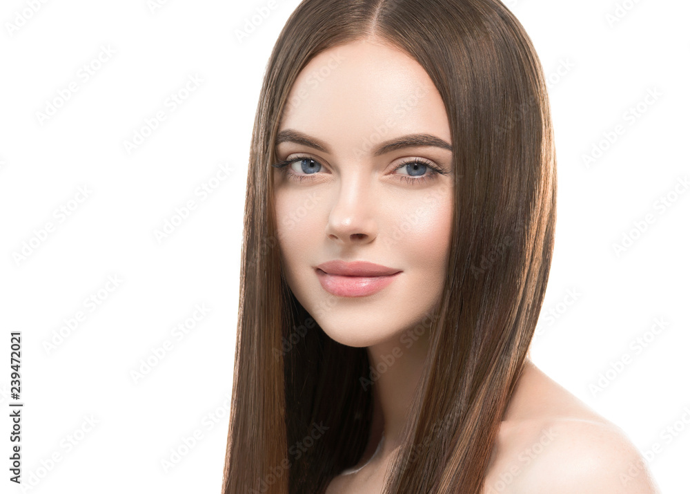 Fototapeta premium Beautiful hair smooth brunette woman beauty portrait healthy skin and haistyle 