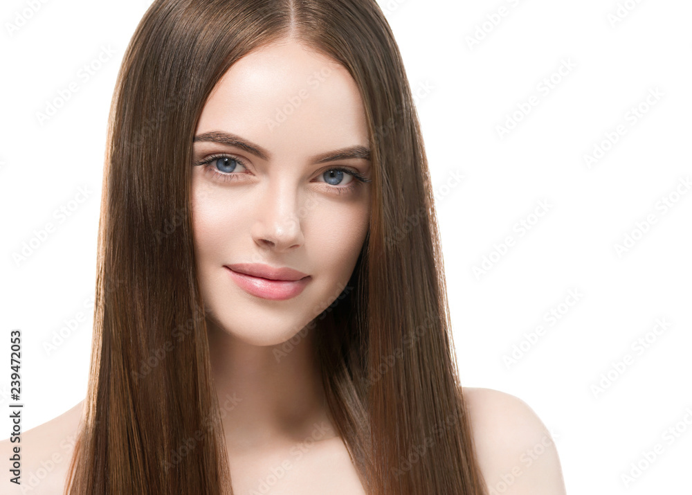 Naklejka premium Beautiful hair smooth brunette woman beauty portrait healthy skin and haistyle 