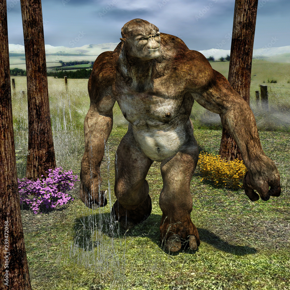 Obraz premium One big and muscular brown orc. He stands in a field with grass among the trees