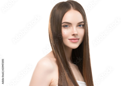 Beautiful hair smooth brunette woman beauty portrait healthy skin and haistyle 