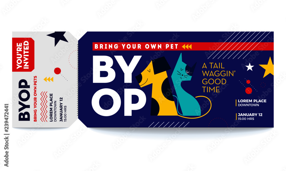 Obraz premium Pet Party Vector Tickets Template. You are Invited Ticket for entrance to the party. Modern elegant template of Ticket Card. Vector illustration of a dog and cat