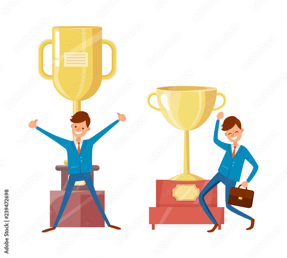 Success Businessman and Trophy Cups, Golden Awards Success Businessman and Trophy Cups, Golden Awards