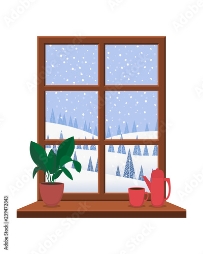 View from the window with a wooden frame on the winter landscape. On the window of the kettle, a mug and a green plant. Vector.                                                