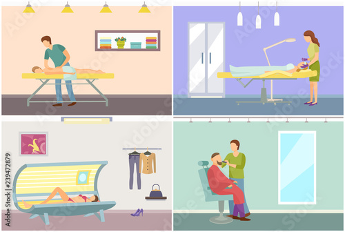 Massage and Tanning Procedure Barber Set Vector